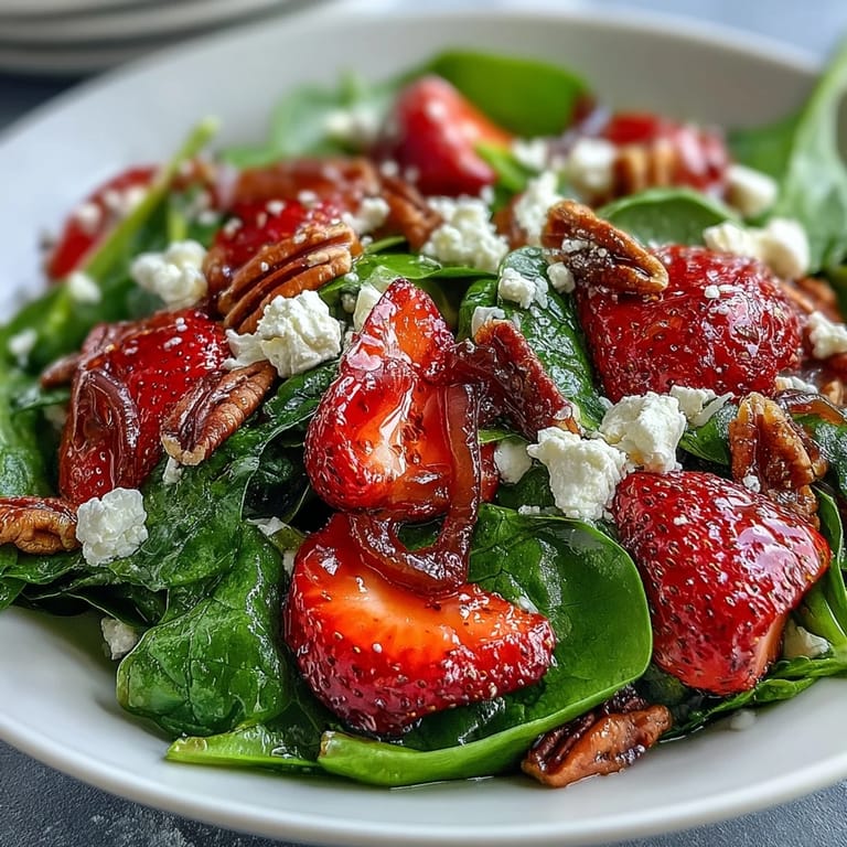 Bright Spring Strawberry Spinach Salad showcasing ripe berries, baby spinach, and candied nuts, tossed in honey balsamic vinaigrette for a light lunch.