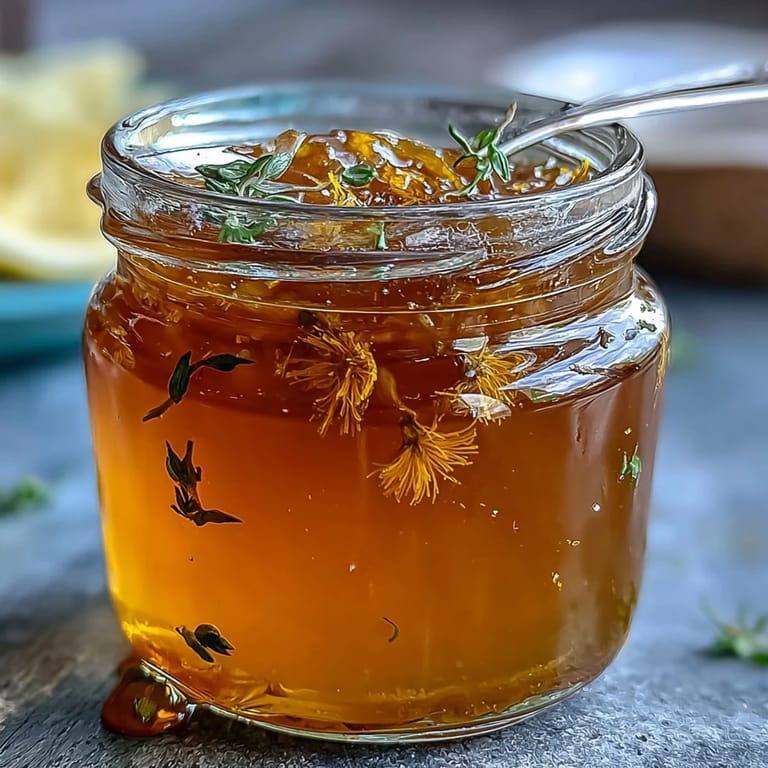 Bright, floral dandelion jelly with zesty lemon and honey, ready to spread on warm toast for a sunny breakfast.