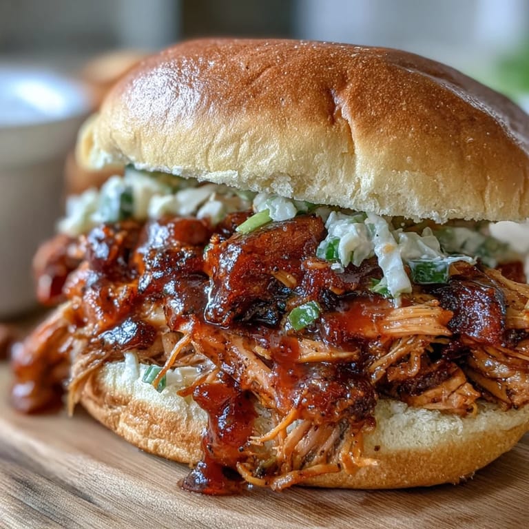 Savory pulled BBQ chicken smothered in rich sauce, layered on toasted buns with crisp coleslaw for the perfect bite.