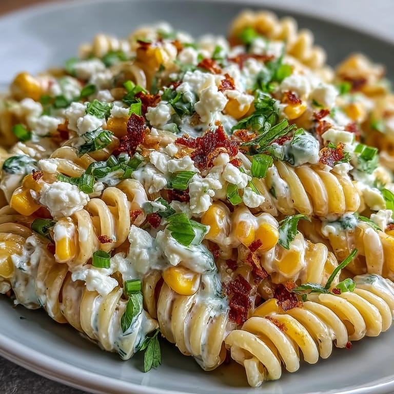 Colorful Elote Corn Pasta with Cotija cheese, red bell pepper, and zesty lime dressing in a rustic bowl.