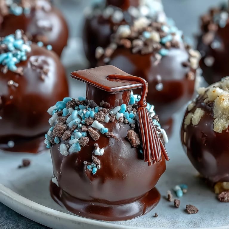 Festive graduation cake pops in school colors, each topped with a fondant cap and mini chocolate tassel.
