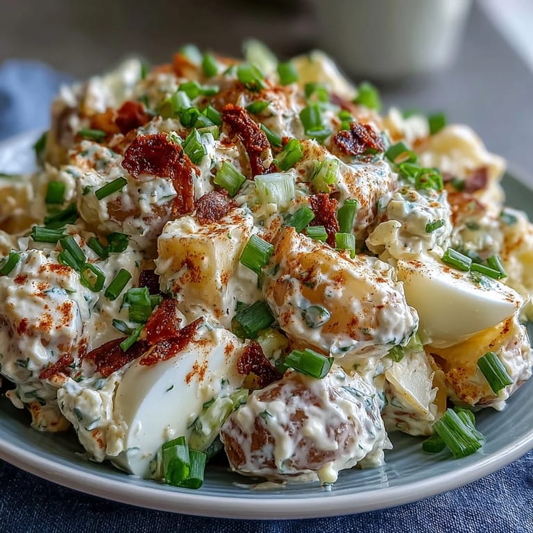 Traditional Classic Deviled Egg Potato Salad with velvety dressing and fresh herbs, a crowd-pleasing addition to any holiday table.