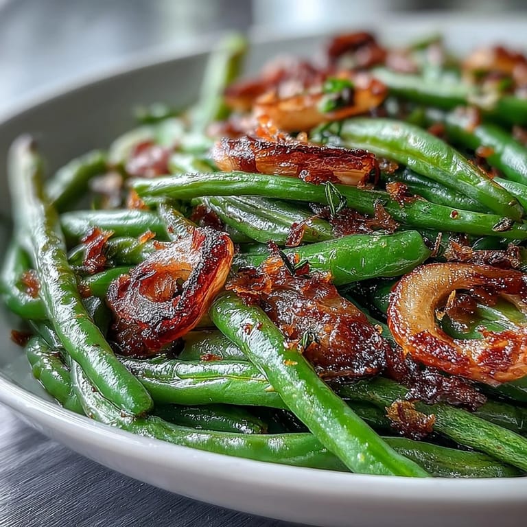 Oven-roasted green beans with garlic, sea salt, and pepper, served warm with a hint of lemon.