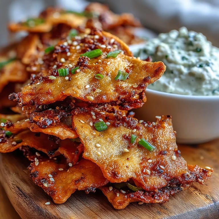 Appetizer platter of crispy homemade naan chips tossed in chili crisp and garlic, served with a refreshing yogurt and cucumber dip.