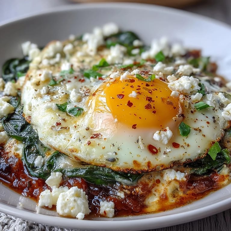 Creamy feta and wilted spinach shakshuka served in skillet, topped with runny egg yolks and red pepper flakes.