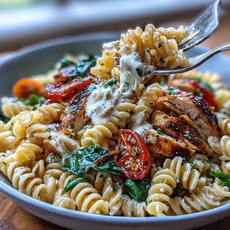 Wholesome pasta bowl featuring grilled chicken, spinach, and cottage cheese, drizzled with olive oil for a satisfying, high-protein dinner.