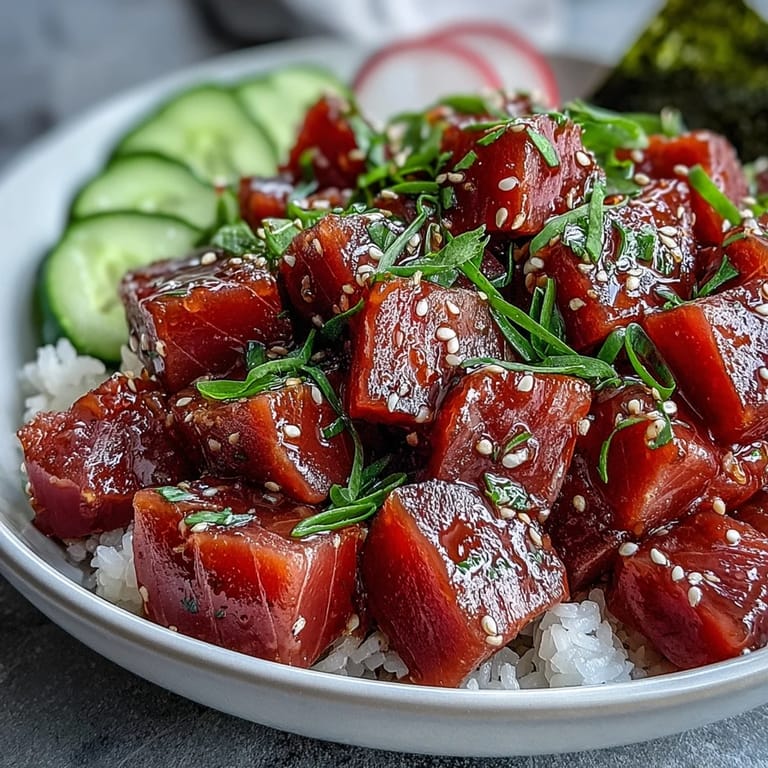 Colorful poke bowl featuring marinated tuna, crisp cucumber, radish, and avocado served over seasoned sushi rice.