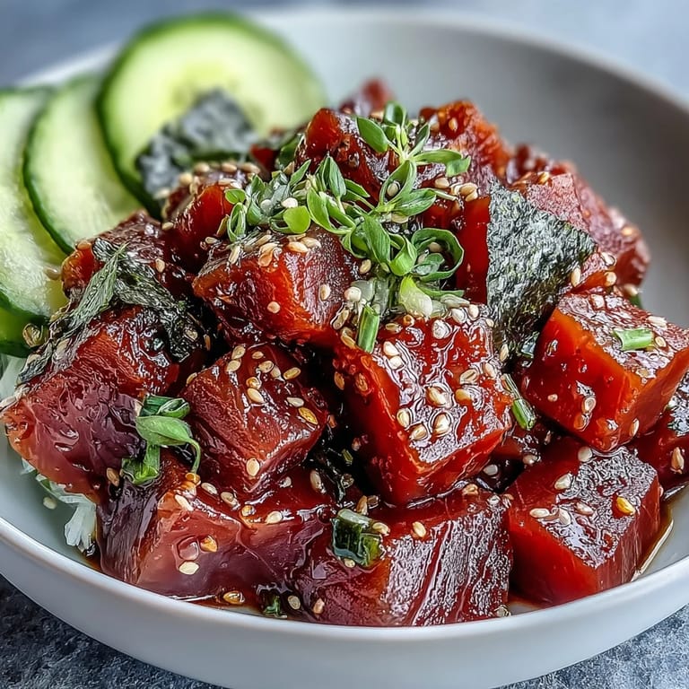 Refreshing tuna poke bowl with bright ponzu dressing, fresh spring vegetables, and nori garnish for authentic flavor.