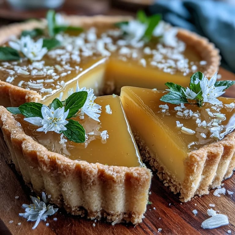 Silky lemon curd tart in golden pastry shell, garnished with pansies and violets for an elegant spring treat.