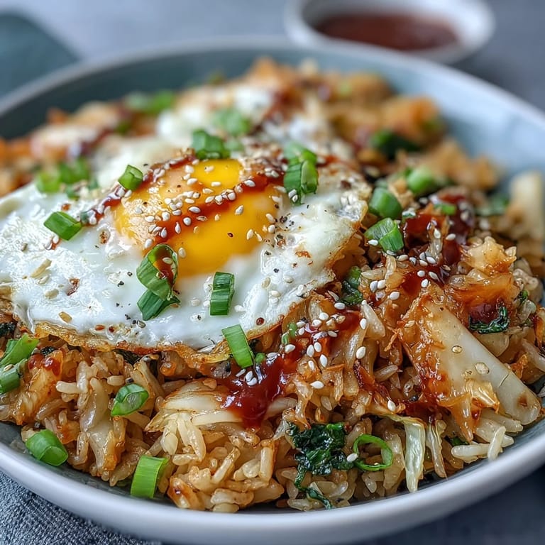 Spicy kimchi and crisp napa cabbage fried rice topped with a golden runny egg and green onions.  