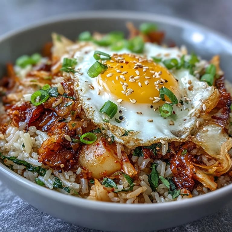 Aromatic kimchi cabbage fried rice with gochujang, served hot with a perfectly fried egg on top.