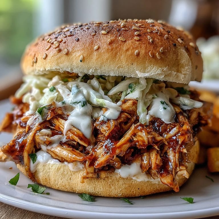Tender shredded chicken with creamy white BBQ sauce, served on toasted buns for a smoky Southern sandwich.  