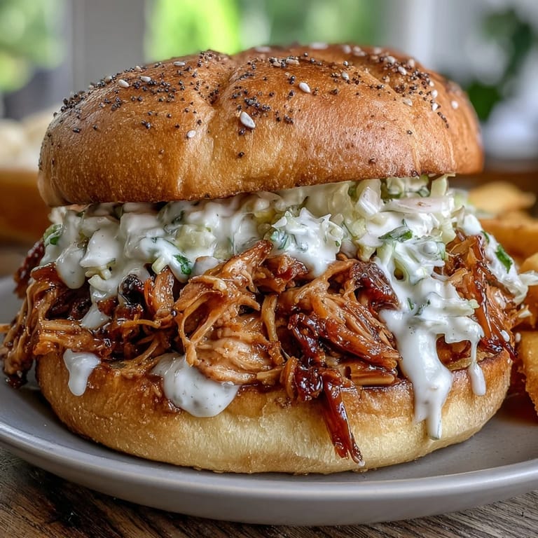 Smoked pulled chicken sandwiches topped with zesty white BBQ sauce and optional crunchy coleslaw for a flavor-packed bite.