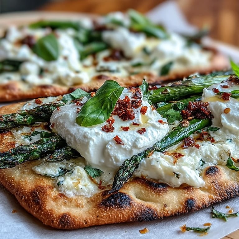 Creamy burrata cheese and roasted asparagus on crispy flatbread, garnished with lemon zest and chili flakes.
