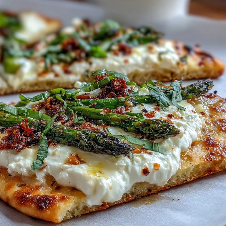 Lemon-kissed roasted asparagus flatbread with burrata, fresh basil, and a sprinkle of cracked black pepper.