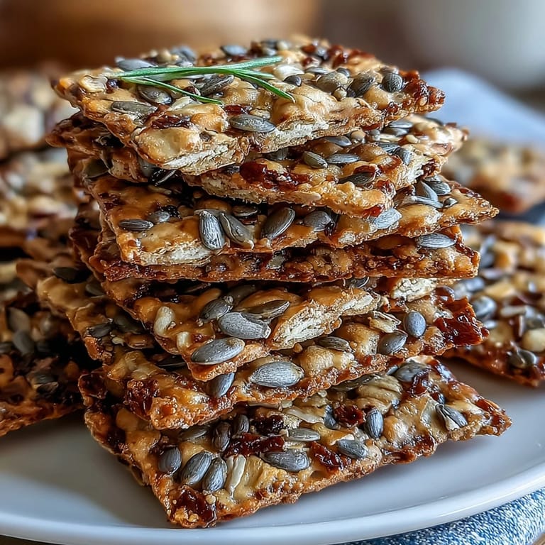 A close-up of wholesome homemade seed crackers, showcasing flax, sunflower, and sesame seeds baked to a crunchy golden finish.
