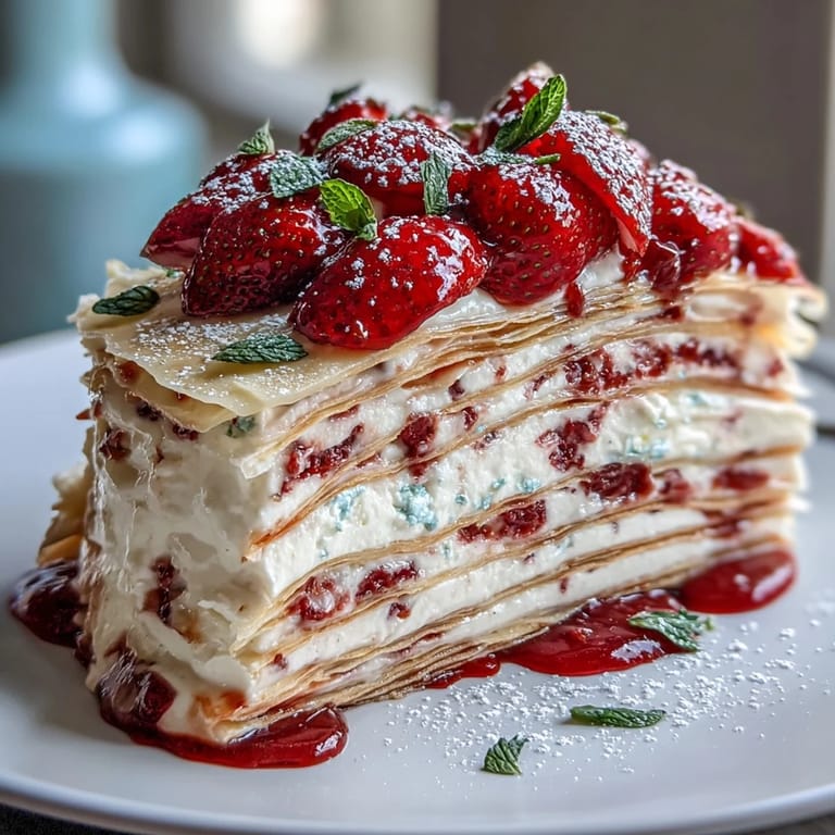 Elegant crêpe cake featuring thin, golden crêpes stacked with rich strawberry mascarpone filling, dusted with powdered sugar and topped with halved strawberries.