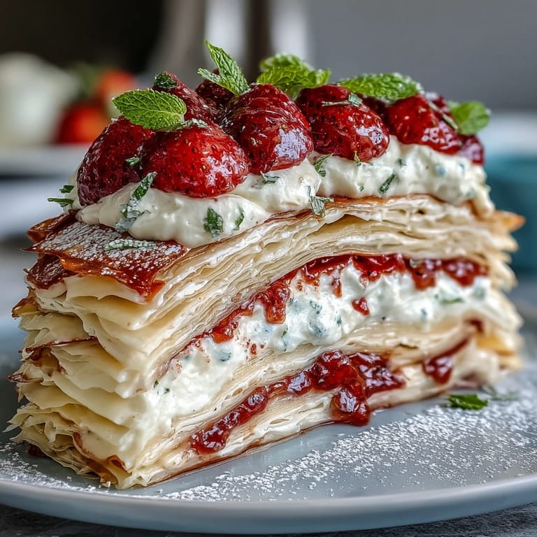 Stunning layered crêpe cake with alternating crêpes and creamy strawberry mascarpone, finished with fresh strawberry halves and a light dusting of powdered sugar.
