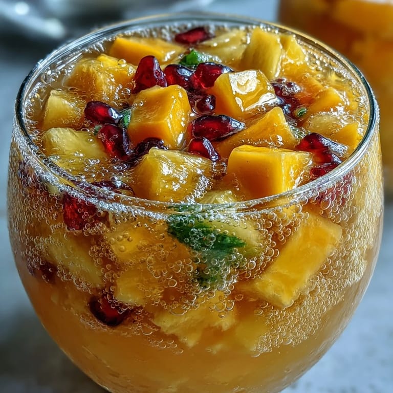 Refreshing sparkling lemonade punch with mango and pineapple, served with diced fruit and mint for festive flair.