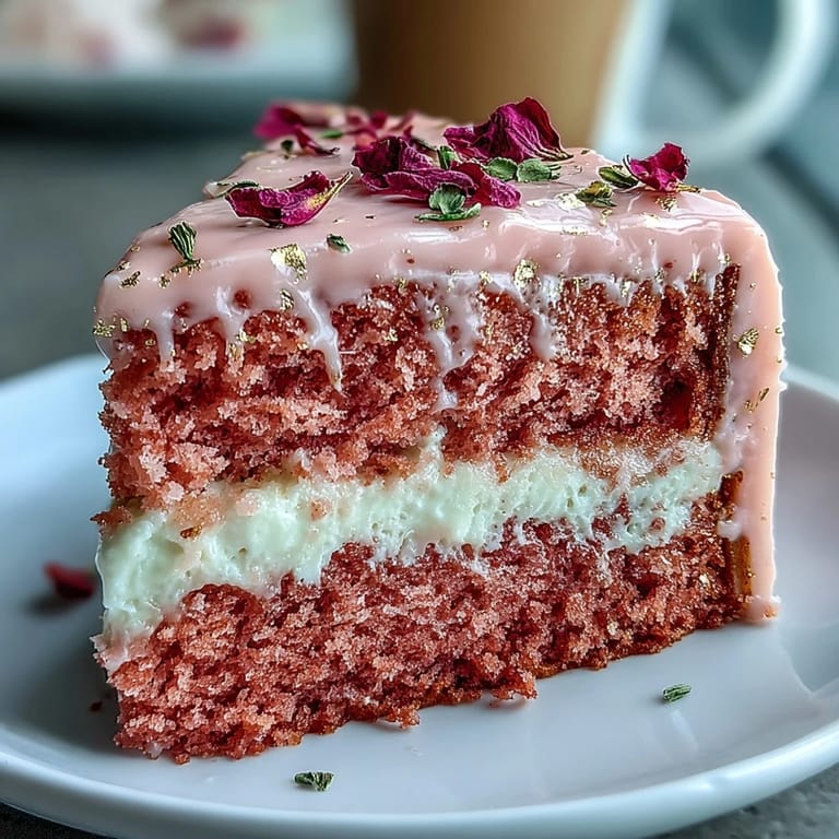 Delicate pink velvet cake with rosé wine, rich frosting, and shimmering gold drip.