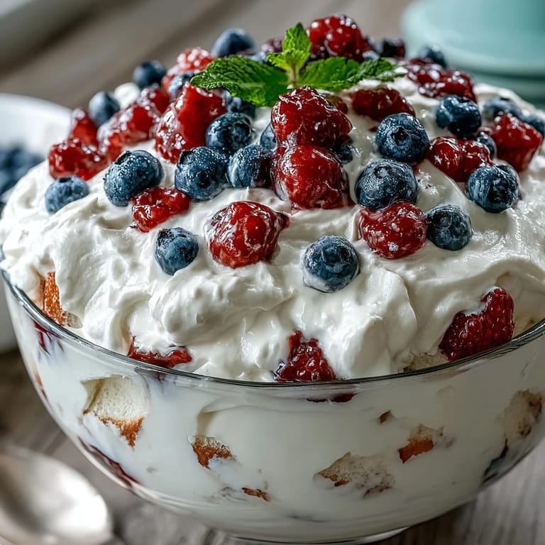 Festive Red White Blue Berry Trifle, piled high with vibrant berries and pure whipped cream.