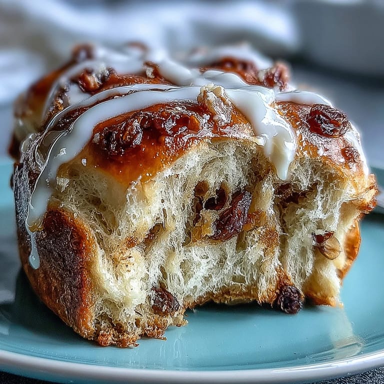 Fluffy, freshly baked hot cross buns, warm from the oven and glistening with apricot glaze, filled with juicy raisins and fragrant spices for Easter morning.  