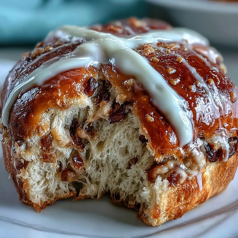 Traditional Easter hot cross buns, pillowy and aromatic, topped with a sweet white cross, served on a rustic wooden board for a festive springtime treat.