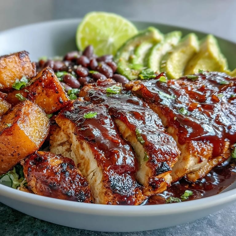 Healthy BBQ chicken meal prep bowls with fluffy sweet potato and fresh vegetable medley.
