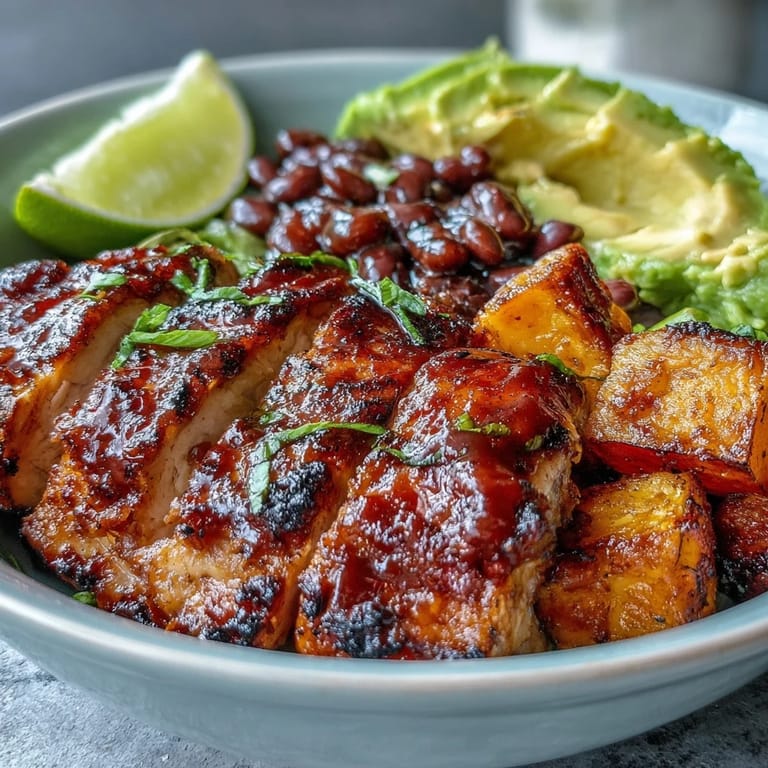 Savory grilled BBQ chicken meal prep bowls featuring tender sweet potato and black beans.