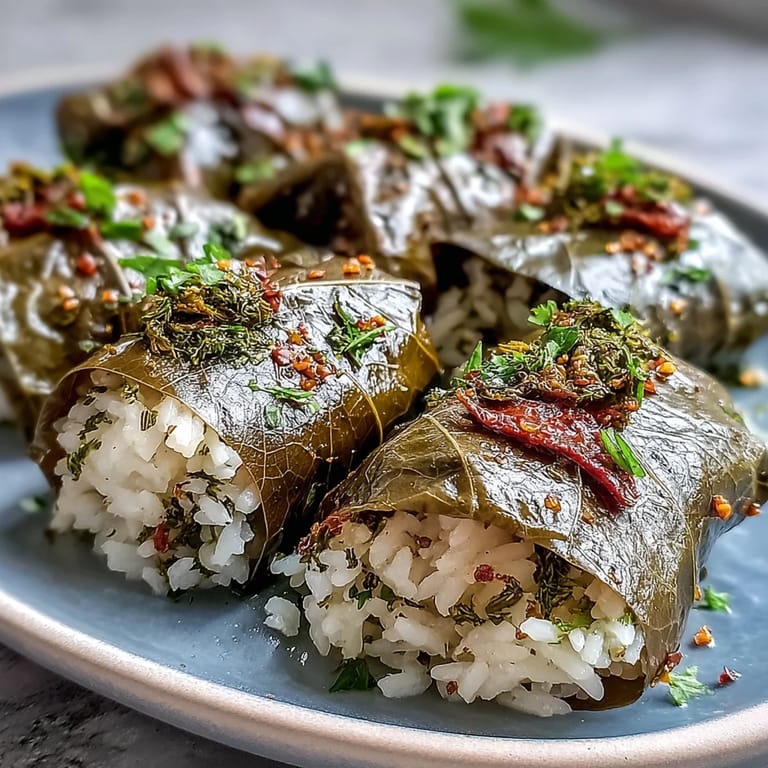 Appetizing Kurdish Dolma: vibrant, jewel-like stuffed grape leaves ready to be enjoyed.