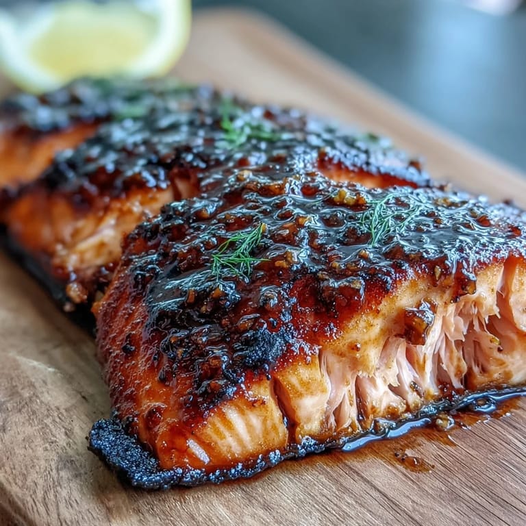 Beautifully cooked salmon fillets with maple dijon glaze on a rustic cedar plank.