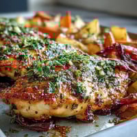 Golden-brown herb-crusted chicken breasts roast alongside vibrant carrots and sweet potatoes on a sheet pan.