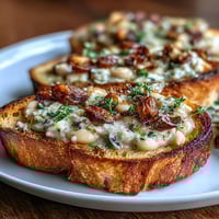 Creamy white bean and roasted garlic spread slathered on crispy sourdough toast, garnished with fresh herbs and olive oil drizzle.