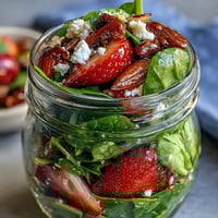 Fresh strawberry and spinach mason jar salads with balsamic vinaigrette, layered with crunchy almonds and creamy feta for a vibrant, healthy meal prep option.