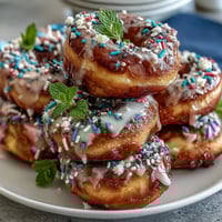 Baby in Bloom Mini Donut Tower with Flowers: A whimsical tiered display of mini donuts decorated with pastel glaze and edible blooms, perfect for baby showers.