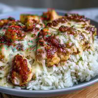 Golden pineapple chicken and rice casserole with bubbly cheddar cheese topping and juicy fruit chunks.