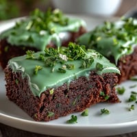 Shamrock-shaped brownies with rich chocolate base and vibrant green icing, perfect for St. Patrick's Day celebrations.  