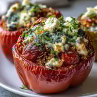 Stuffed bell peppers filled with quinoa, fresh herbs, and vegetables, baked until tender and fragrant for a healthy vegetarian meal.