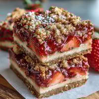 Vibrant strawberry lemonade bars with buttery shortbread crust, dusted with powdered sugar for a tangy-sweet dessert.
