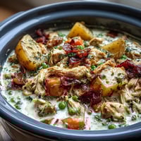 Creamy Slow Cooker Chicken Pot Pie Soup with tender chicken, hearty vegetables, and rich, savory broth in a cozy bowl.