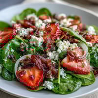 Spring Strawberry Spinach Salad with goat cheese and candied pecans, a vibrant mix of fresh berries and greens in tangy balsamic dressing.  