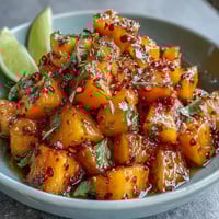 Vibrant mango fruit cups with a zesty lime and chili kick, perfect for a refreshing beach snack.