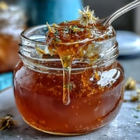 A golden jar of dandelion jelly with fresh lemon and honey, capturing the essence of spring in every spoonful.