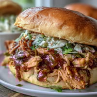 Juicy pulled BBQ chicken piled high on soft buns, topped with creamy coleslaw and tangy barbecue sauce.  