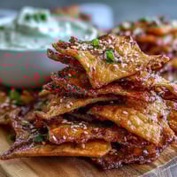 Golden brown triangular naan chips coated in spicy chili crisp garlic oil, arranged next to a creamy Asian cucumber dip in a white bowl.