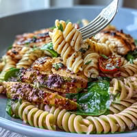 High-protein pasta bowl with grilled chicken, creamy cottage cheese, and fresh spinach in a vibrant, nourishing dish.  