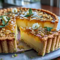 Vibrant lemon curd spring tart with buttery crust, topped with fresh edible flowers for a stunning dessert centerpiece.