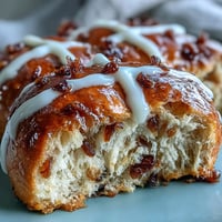 Golden homemade hot cross buns with a shiny glaze, soft and spiced with cinnamon and nutmeg, studded with plump raisins and marked with a classic white cross.  