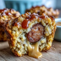 Golden mini corn dog muffins with juicy hot dog bites baked inside.