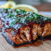 Juicy cedar plank salmon with a glistening maple dijon glaze, ready to serve.